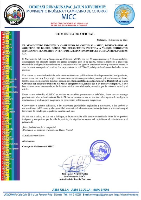 Nota em apoio a Leonidas Iza