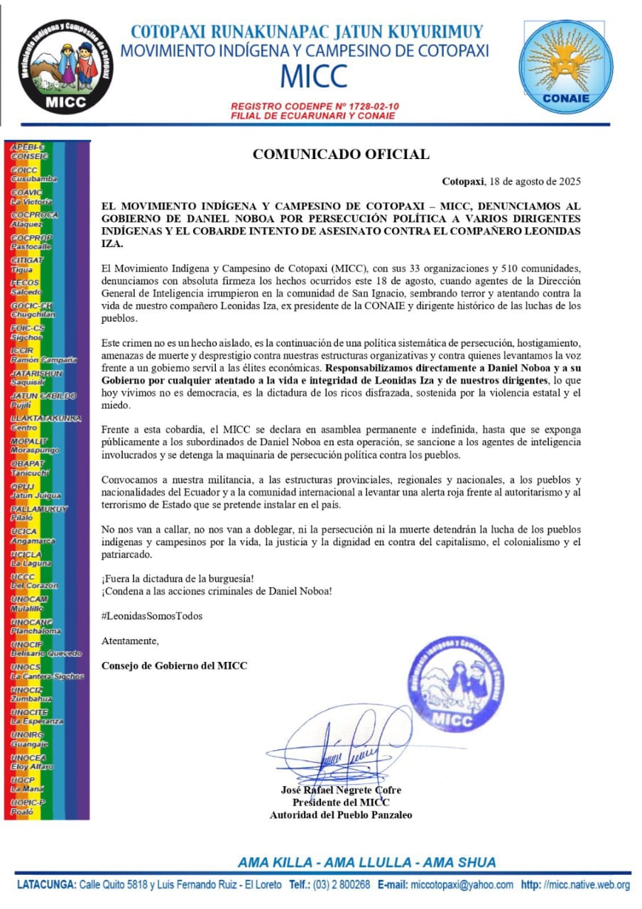 Nota em apoio a Leonidas Iza
